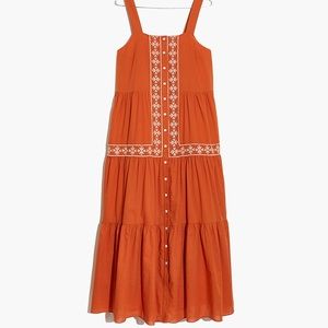 Madewell Embroidered Button-Front Tiered Midi Dress